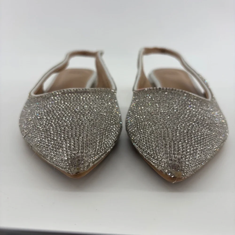 A New Day Womens 8 Silver Slingback Heels Rhinestone Pointed Toe Block Heel